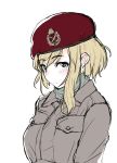  beret blonde_hair british_army character_request copyright_request ears eyebrows_visible_through_hair hat highres looking_at_viewer messy_hair military military_hat military_uniform pocket scarf shichisaburo short_hair sidelocks uniform white_background 