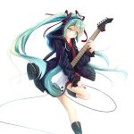  1girl aqua_eyes aqua_hair black_coat black_footwear blush floating_hair grin guitar hatsune_miku headphones highres holding holding_instrument instrument leg_up long_hair red_shirt shirt simple_background smile solo standing standing_on_one_leg utatanecocoa very_long_hair vocaloid white_background 