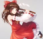  1girl bow brown_hair commentary_request detached_sleeves gohei grey_background hair_bow hair_tubes hakurei_reimu jurge long_hair red_bow sarashi simple_background solo touhou 