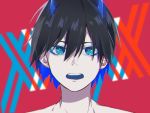  1boy bangs black_hair blue_eyes blue_horns commentary_request darling_in_the_franxx highres hiro_(darling_in_the_franxx) horns looking_at_viewer male_focus oni_horns open_mouth shirtless short_hair solo tacit_1113 teeth 