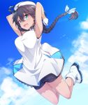  1girl :d armpits arms_up bangs bare_shoulders beret bike_shorts black_hair black_shorts blue_bow blue_eyes blue_sky blush boots bow braid breasts clouds collared_dress dark_skin day dress eyebrows_visible_through_hair gloves hair_between_eyes hair_bow hat konnyaku_(kk-monmon) long_hair looking_at_viewer low_ponytail medium_breasts open_mouth original outdoors pleated_dress ponytail short_shorts shorts sky sleeveless sleeveless_dress smile solo very_long_hair white_dress white_footwear white_gloves white_hat 