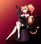  1girl alternate_costume animal_ears animal_print black_dress black_gloves blonde_hair blue_eyes breasts cat_ears cat_tail choker cleavage collarbone dress earrings girls_frontline gloves gun hair_between_eyes hair_ornament holster idw_(girls_frontline) jewelry legs_crossed leopard_print lips lipstick long_hair looking_at_viewer makeup medium_breasts red_background red_lipstick ribbon sidelocks skirt solo stole strapless strapless_dress submachine_gun tail tail_ribbon thigh_holster thigh_strap thighs voodoowood weapon 