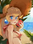  1girl arm_at_side bangs bare_arms bare_shoulders bikini blonde_hair blue_eyes blue_nails breasts can can_to_cheek closed_mouth day earrings fingernails frilled_bikini frills from_side halterneck hat holding holding_can jewelry light_smile lips long_hair looking_at_viewer super_mario_bros. medium_breasts nail_polish ocean outdoors pink_bikini pink_swimsuit princess_peach sideboob sidelocks signature soda_can solo straw_hat summer sun super_mario_bros. sweat swimsuit upper_body water zambiie 