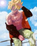  1boy abs bare_arms bare_shoulders blonde_hair blurry chest clouds cloudy_sky commentary_request cowboy_shot day depth_of_field dragon_ball dragonball_z expressionless green_eyes green_pants hand_in_hair highres jacket looking_away male_focus nipples outdoors pants railing serious shaded_face shirtless short_hair sitting_on_railing sky son_gokuu spiky_hair sun super_saiyan tarutobi twitter_username two-tone_jacket upper_body 