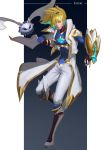  1boy absurdres bangs blonde_hair blue_background blue_shirt boots character_name closed_mouth coat creature ezreal fingerless_gloves full_body gloves goggles goggles_on_head green_eyes hair_over_one_eye hand_up highres knee_boots league_of_legends leg_up long_sleeves looking_at_viewer male_focus multicolored_hair open_clothes open_coat pants purple_footwear purple_gloves shirt standing standing_on_one_leg streaked_hair turtleneck weapon white_coat white_footwear white_pants winged_boots zhen_guodong 