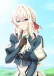  1girl blonde_hair blue_eyes blue_sky blush brown_gloves day diesel-turbo dress eyebrows_visible_through_hair gloves hair_between_eyes hair_ribbon long_hair outdoors red_ribbon ribbon sky smile solo upper_body violet_evergarden violet_evergarden_(character) white_dress white_neckwear 