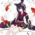  1girl :d animal_ears azur_lane black_hair black_kimono bob_cut breasts cat_ears cat_mask commentary_request fang fish fucodoku japanese_clothes kimono large_breasts looking_at_viewer mask mask_on_head open_mouth red_eyes short_hair sideboob simple_background sitting smile solo thigh-highs twitter_username white_background white_legwear wide_sleeves yamashiro_(azur_lane) 