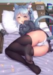  1girl animal_ears asashio_(azur_lane) ass azur_lane bed black_ribbon black_skirt black_sweater blue_eyes blue_hair braid cat_ears cat_girl cat_tail commentary_request flower hair_flower hair_ornament hair_ribbon long_hair long_sleeves looking_at_viewer lying no_shoes on_bed on_side orange_flower panties pillow plaid plaid_skirt pleated_skirt ribbon school_uniform skirt sleeves_past_wrists soles solo sweater tail thigh-highs underwear white_panties yoshiheihe 