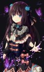  1girl arcaea bangs black_background black_bow black_capelet black_dress black_hair black_neckwear black_ribbon blue_eyes blue_flower blue_rose bow bowtie bug butterfly capelet center_frills closed_mouth corset dress eyebrows_visible_through_hair flower frilled_dress frills glowing_butterfly gothic_lolita hair_between_eyes hair_flower hair_ornament hair_ribbon insect light_particles lolita_fashion long_hair long_sleeves looking_at_viewer outstretched_arm outstretched_hand pink_bow ribbon rose shiny shiny_hair sidelocks signature simple_background smile solo sparkle standing tairitsu_(arcaea) tiasye 
