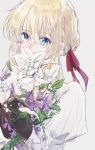  blonde_hair blue_eyes braid flower gloves hair_between_eyes hair_ribbon holding miharuko_(kopera) red_ribbon ribbon violet_(flower) violet_evergarden violet_evergarden_(character) 