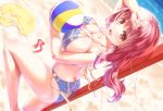  1girl ass beach beach_volleyball between_buttocks blue_swimsuit breasts brown_eyes brown_hair butt_crack cleavage clothes_removed dutch_angle feet_out_of_frame harukana_receive highres jiangjin_nanyun_zhi_(kumita) long_hair looking_at_viewer low-tied_long_hair o-ring o-ring_bikini o-ring_bottom oozora_haruka_(harukana_receive) open_mouth sand solo swimsuit water 