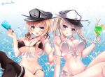  2girls anchor anchor_hair_ornament aqua_eyes bangs bikini black_bikini black_legwear blonde_hair blush breasts cleavage drink eyebrows_visible_through_hair food front-tie_bikini front-tie_top graf_zeppelin_(kantai_collection) grey_eyes hair_between_eyes hair_ornament hand_up hat ichiyou_moka kantai_collection large_breasts long_hair looking_at_viewer low_twintails multiple_girls navel open_mouth peaked_cap popsicle prinz_eugen_(kantai_collection) side-tie_bikini smile swimsuit twintails white_bikini 