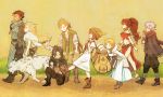  4boys 4girls alfyn_(octopath_traveler) animal apple bare_shoulders black_hair blonde_hair book boots bow_(weapon) bracelet brown_hair closed_eyes closed_mouth cyrus_(octopath_traveler) elbow_gloves everyone food fruit gloves h&#039;aanit_(octopath_traveler) hat high_heels highres jewelry kneeling long_hair looking_at_another magnifying_glass midriff mozuku_(mozuuru0323) multiple_boys multiple_girls necklace octopath_traveler olberic_eisenberg open_book open_mouth ophilia_(octopath_traveler) ponytail primrose_azelhart profile quiver scar scarf short_hair side_slit therion_(octopath_traveler) tressa_(octopath_traveler) walking weapon 