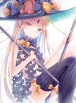 1girl abigail_williams_(fate/grand_order) bangs between_legs black_bow black_hat black_panties blonde_hair bow breasts closed_mouth commentary_request fate/grand_order fate_(series) hat hat_bow head_tilt holding keyhole long_hair looking_at_viewer orange_bow panties parted_bangs polka_dot polka_dot_bow red_eyes revealing_clothes sanka_tan small_breasts smile solo stuffed_animal stuffed_toy teddy_bear topless underwear very_long_hair witch_hat 
