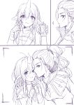  2girls absurdres armlet blush cellphone comic hand_on_shoulder hand_up highres horn hum_(ten_ten) league_of_legends long_hair looking_at_another monochrome multiple_girls phone pointing pointing_at_self pointy_ears ponytail purple shauna_vayne sketch smile soraka upper_body yuri 