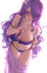  1girl armlet athenawyrm backlighting bikini blush breasts camilla_(fire_emblem_if) cleavage dutch_angle finger_to_mouth fire_emblem fire_emblem_if flower hair_flower hair_ornament hair_over_one_eye halterneck highres large_breasts long_hair looking_at_viewer navel o-ring o-ring_bikini o-ring_bottom o-ring_top parted_lips pulled_by_self purple_bikini purple_hair sarong sidelocks simple_background solo strap_lift swimsuit thigh_gap violet_eyes white_background 