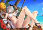  1girl alternate_costume anklet arm_support armpits ass azur_lane baggy_clothes bangs bikini blue_eyes blurry blurry_background breasts can chair cleavage closed_mouth coat collarbone cross cross_earrings day earrings eba_uenihane eyebrows_visible_through_hair groin hair_between_eyes hand_on_eyewear head_tilt holding holding_can holding_eyewear jewelry large_breasts looking_at_viewer lounge_chair lying navel outdoors palm_tree parted_lips petals ring sandals scarf short_hair sidelocks silver_hair sitting skindentation solo sparkle stomach sunglasses swimsuit thighs tirpitz_(azur_lane) tree wedding_ring wet white_bikini white_coat white_scarf wind 