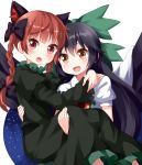  2girls :d :o animal_ears bangs black_bow black_hair black_wings blush bow braid brown_eyes cape carrying cat_ears commentary_request cowboy_shot dress eyebrows_visible_through_hair feet_out_of_frame green_bow green_dress hair_between_eyes hair_bow highres juliet_sleeves kaenbyou_rin long_hair long_sleeves looking_at_viewer multiple_girls open_mouth princess_carry puffy_short_sleeves puffy_sleeves red_eyes redhead reiuji_utsuho ruu_(tksymkw) shirt short_sleeves simple_background smile standing touhou twin_braids white_background white_cape white_shirt wing_collar wings 
