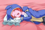  1boy bed bligre22isriead closed_eyes dragon_ball dragon_ball_heroes earrings fang gloves highres hood jewelry male_focus open_mouth pillow pink_skin redhead salsa_(dragon_ball) solo 