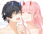  1boy 1girl bangs black_hair blue_horns blush closed_eyes commentary_request couple darling_in_the_franxx eyebrows_visible_through_hair fang hand_holding hetero hiro_(darling_in_the_franxx) horns interlocked_fingers long_hair oni_horns open_mouth petals pink_hair red_horns shirtless short_hair toma_(norishio) zero_two_(darling_in_the_franxx) 