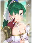  1girl alternate_costume bangs bare_shoulders blush breasts bridal_veil brown_gloves cheek_poking choker cleavage collarbone detached_collar detached_sleeves dress earrings eyebrows_visible_through_hair finger_to_cheek fire_emblem fire_emblem_heroes gloves green_eyes green_hair high_ponytail jewelry large_breasts long_hair lyndis_(fire_emblem) necklace one_eye_closed open_mouth ormille out_of_frame poking ponytail robe solo_focus summoner_(fire_emblem_heroes) veil wedding wedding_dress wide_sleeves 
