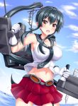  1girl :d black_hair blue_sky blush breasts brown_eyes cleavage clouds collarbone cowboy_shot day eyebrows_visible_through_hair floating_hair gloves groin hair_between_eyes hair_ornament hair_scrunchie high_ponytail highres kantai_collection kyamu_(qqea92z9n) long_hair looking_at_viewer medium_breasts midriff miniskirt navel open_mouth outdoors pink_scrunchie pleated_skirt red_skirt scrunchie shiny shiny_hair shirt sidelocks skirt sky sleeveless sleeveless_shirt smile solo standing stomach very_long_hair water white_gloves white_shirt yahagi_(kantai_collection) 