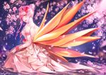  1girl :d arm_strap blue_eyes blush darling_in_the_franxx dress flower from_side full_body hair_bun hair_flower hair_ornament highres kneeling long_dress looking_at_viewer open_mouth petals pierorabu pink_flower pink_hair red_flower red_rose rose short_hair_with_long_locks sidelocks sleeveless sleeveless_dress smile solo white_dress wrist_cuffs zero_two_(darling_in_the_franxx) 