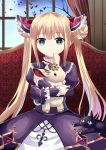  1girl :o animal bangs bare_tree bat blonde_hair blue_sky bow commentary_request day double_bun dress eyebrows_visible_through_hair full_moon green_eyes hair_between_eyes hair_bow indoors juliet_sleeves long_hair long_sleeves looking_at_viewer luna_(shadowverse) moon neu_(frameice) object_hug parted_lips puffy_sleeves purple_dress red_bow shadowverse side_bun sidelocks sky solo stuffed_animal stuffed_toy tree twintails very_long_hair window 