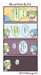  0_0 2girls 4koma ^_^ artist_name bangs beret blonde_hair blue_hair cellphone closed_eyes closed_eyes comic commentary_request green_eyes green_hair hat holding holding_phone labcoat line_(naver) multiple_girls notice_lines personification phone ponytail sidelocks smartphone translation_request tsukigi twintails twitter twitter-san twitter-san_(character) twitter_username white_hat 