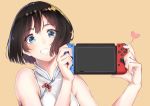  1girl black_hair blue_eyes clenched_teeth coffee_(89551285) eyebrows_visible_through_hair game_console handheld_game_console heart looking_at_viewer nintendo_switch original short_hair simple_background sleeveless smile solo teeth upper_body yellow_background 