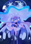  1girl absurdres black_swimsuit blue_background blue_eyes full_body headgear highres inkling jellyfish long_hair looking_at_viewer open_mouth pekon pointy_ears shoes solo splatoon_(series) swimsuit tentacle_hair underwater white_hair 