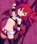  1girl ;o armband bangs bare_shoulders belt belt_buckle between_legs black_choker black_gloves breasts buckle character_name choker copyright_name demon_girl demon_tail demon_wings disgaea earrings etna eyebrows_visible_through_hair gloves hair_between_eyes heart holding holding_spear holding_weapon jewelry leg_up makai_senki_disgaea navel one_eye_closed polearm prinny red_eyes red_legwear red_wings redhead short_twintails skull_earrings small_breasts solo spear stomach tail tail_between_legs thigh-highs twintails twitter_username weapon white_belt wings yuuzuki_rairaku 