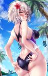  absurdres adjusting_clothes adjusting_swimsuit ahoge alternate_costume ass back bangs blue_butterfly blue_sky blush breasts bug closed_mouth clouds cloudy_sky cowboy_shot day dutch_angle eyebrows_visible_through_hair fate/grand_order fate_(series) flower frown grey_hair hair_flower hair_ornament hibiscus highres horizon jeanne_d&#039;arc_(alter)_(fate) jeanne_d&#039;arc_(fate)_(all) looking_at_viewer looking_back marisasu_(marisa0904) medium_breasts mole_on_thigh nail_polish ocean one-piece_swimsuit palm_tree red_flower red_nails school_swimsuit short_hair shoulder_blades sidelocks silver_hair sky standing swimsuit thighs tree wet yellow_eyes 