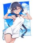  1girl ;d armpits arms_up bangs bare_shoulders beret black_hair blue_bow blue_eyes blue_sky blush boots bow braid breasts clouds cloudy_sky collared_dress dark_skin day dress eyebrows_visible_through_hair flower hair_between_eyes hair_bow hat konnyaku_(kk-monmon) long_hair low_ponytail medium_breasts one_eye_closed open_mouth original ponytail round_teeth sky sleeveless sleeveless_dress smile solo standing standing_on_one_leg teeth upper_teeth very_long_hair white_dress white_flower white_footwear white_hat 