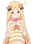  +_+ 1girl abigail_williams_(fate/grand_order) absurdres bangs bare_arms bare_shoulders black_bow blonde_hair blue_eyes blush bow camisole commentary_request covered_mouth double_scoop eyebrows_visible_through_hair fate/grand_order fate_(series) food forehead groin hair_bow highres holding holding_food ice_cream ice_cream_cone long_hair mitchi navel orange_bow parted_bangs simple_background solo striped striped_camisole upper_body very_long_hair white_background 