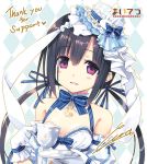  1girl :d animal_ears argyle argyle_background bangs bare_shoulders black_hair blue_bow blue_ribbon blush bow breasts cup cura detached_sleeves dress english eyebrows_visible_through_hair fantia_reward gloves hair_between_eyes hair_ribbon hat hayase_fukami highres holding holding_cup holding_saucer long_hair low_twintails maitetsu mini_hat mini_top_hat open_mouth paid_reward puffy_sleeves rabbit_ears ribbon saucer signature small_breasts smile solo striped striped_bow striped_ribbon teacup thank_you top_hat twintails very_long_hair violet_eyes white_dress white_gloves white_hat 