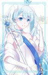  1girl :d blue_eyes blue_hair choker collarbone crown dress elbow_gloves eyebrows_visible_through_hair floating_hair gloves hair_between_eyes hatsune_miku holding holding_staff ihara_asta long_hair mini_crown musical_note open_mouth osagelts1213 shiny shiny_hair sleeveless sleeveless_dress smile snowflakes solo staff standing strapless strapless_dress twintails very_long_hair vocaloid white_dress white_gloves yuki_miku 