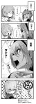  2girls 4koma angry between_fingers blush closed_eyes comic commentary_request elbow_gloves fate/grand_order fate_(series) glasses gloves greyscale hair_between_eyes hair_over_one_eye hairband hand_up hassan_of_serenity_(fate) highres hood hoodie knife mash_kyrielight monochrome multiple_girls necktie open_mouth smile throwing_knife torichamaru translation_request weapon 