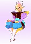  1boy black_eyes boots clenched_hands dragon_ball dragon_ball_super earrings expressionless full_body gowasu gradient gradient_background highres jewelry long_sleeves looking_away male_focus mohawk pointy_ears potara_earrings shaded_face short_hair simple_background sitting tetsuyo two-tone_background white_footwear white_hair white_skin 
