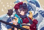  1girl commentary english_commentary fate/grand_order fate_(series) flower giant_brush hair_flower hair_ornament head_tilt japanese_clothes katsushika_hokusai_(fate/grand_order) kimono looking_at_viewer octopus paintbrush purple_hair short_hair smile solo violet_eyes waves yume_ou 