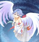  1girl anklet bad_feet barefoot blue_hair breasts bridal_gauntlets bridal_legwear cleavage commentary_request dress elbow_gloves feet filia_(star_ocean) floating forehead_jewel gloves jewelry pointy_ears short_hair solo star_ocean star_ocean_the_second_story touyama_sabu wings 