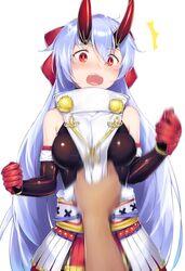  1girl blush bow breasts dabuki elbow_gloves fate/grand_order fate_(series) gloves hachimaki hair_bow headband highres horn large_breasts long_hair oni open_mouth red_eyes silver_hair skin_tight slit_pupils solo solo_focus tomoe_gozen_(fate/grand_order) very_long_hair 