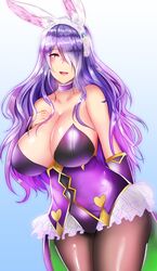  1girl animal_ears bare_shoulders breasts camilla_(fire_emblem_if) choker cleavage fake_animal_ears fire_emblem fire_emblem_heroes fire_emblem_if frilled_choker frills hair_over_one_eye kuuki_(rakam) large_breasts leotard long_hair open_mouth pantyhose purple_choker purple_hair rabbit_ears solo violet_eyes wavy_hair 