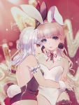  2girls animal_ears bare_shoulders blue_eyes blurry blurry_background breasts brown_hair bunny_day bunny_girl bunny_tail bunnysuit cleavage closed_mouth dated detached_collar earrings english fake_animal_ears hairband hand_holding highres jewelry leotard long_hair looking_at_viewer medium_breasts mimumiri multiple_girls nail_polish original rabbit_ears red_eyes tail white_hair wrist_cuffs yuri 