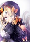  1girl abigail_williams_(fate/grand_order) black_dress black_hat blonde_hair blue_eyes blush bow commentary_request dress eyebrows_visible_through_hair eyes_visible_through_hair fate/grand_order fate_(series) frilled_sleeves frills hane_yuki hat highres keyhole long_hair looking_at_viewer object_hug orange_bow parted_lips polka_dot polka_dot_bow sleeves_past_fingers sleeves_past_wrists solo stuffed_animal stuffed_toy teddy_bear very_long_hair 