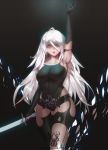  1girl absurdres android arm_up armlet armpits black_gloves black_shorts blue_triangular breasts collarbone commentary curvy elbow_gloves english_commentary eyebrows_visible_through_hair gloves grey_eyes highres holding holding_sword holding_weapon large_breasts long_hair mole mole_under_mouth nier_(series) nier_automata patreon_username pink_lips robot_joints short_shorts shorts silver_hair sword tank_top very_long_hair weapon yorha_type_a_no._2 