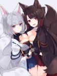  2girls :d akagi_(azur_lane) animal animal_ears asymmetrical_docking azur_lane bangs bird black_gloves black_kimono blue_eyes blue_hakama blush breast_press breasts brown_hair chick closed_mouth collarbone commentary_request dutch_angle eyebrows_visible_through_hair fingernails fox_ears fox_girl fox_tail gloves grey_background hakama hakama_skirt hand_holding highres interlocked_fingers japanese_clothes kaga_(azur_lane) kimono kyuubi looking_at_viewer looking_to_the_side medium_breasts multiple_girls multiple_tails open_mouth orqz red_eyes red_hakama short_kimono silver_hair simple_background smile tail white_kimono 