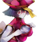  1girl bangs bare_arms blue_skin breasts cleavage cleavage_cutout closed_mouth erect_nipples flipped_hair hair_between_eyes hat highres jiangshi large_breasts lei_lei nishiide_kengorou ofuda pink_hat purple_hair red_eyes short_hair simple_background solo turtleneck upper_body vampire_(game) white_background zombie 