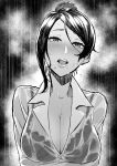  1girl arms_under_breasts bangs bijin_onna_joushi_takizawa-san black_hair blush bra breasts cleavage collarbone earrings facing_viewer formal greyscale hair_bun jewelry lace lace_bra large_breasts looking_at_viewer mature mole mole_under_mouth monochrome office_lady open_mouth rain see-through solo standing swept_bangs takizawa_kyouko tkhs underwear water_drop wet wet_clothes wet_hair 