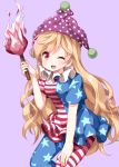  1girl ;d american_flag_dress american_flag_legwear blush breasts clownpiece commentary_request dress eyebrows_visible_through_hair feet_out_of_frame hand_up hat highres holding holding_torch horizontal_stripes leaning_forward long_hair neck_ruff one_eye_closed open_mouth pantyhose polka_dot purple_background purple_hat ruu_(tksymkw) short_dress short_sleeves simple_background small_breasts smile solo star star_print striped torch touhou very_long_hair wavy_hair 